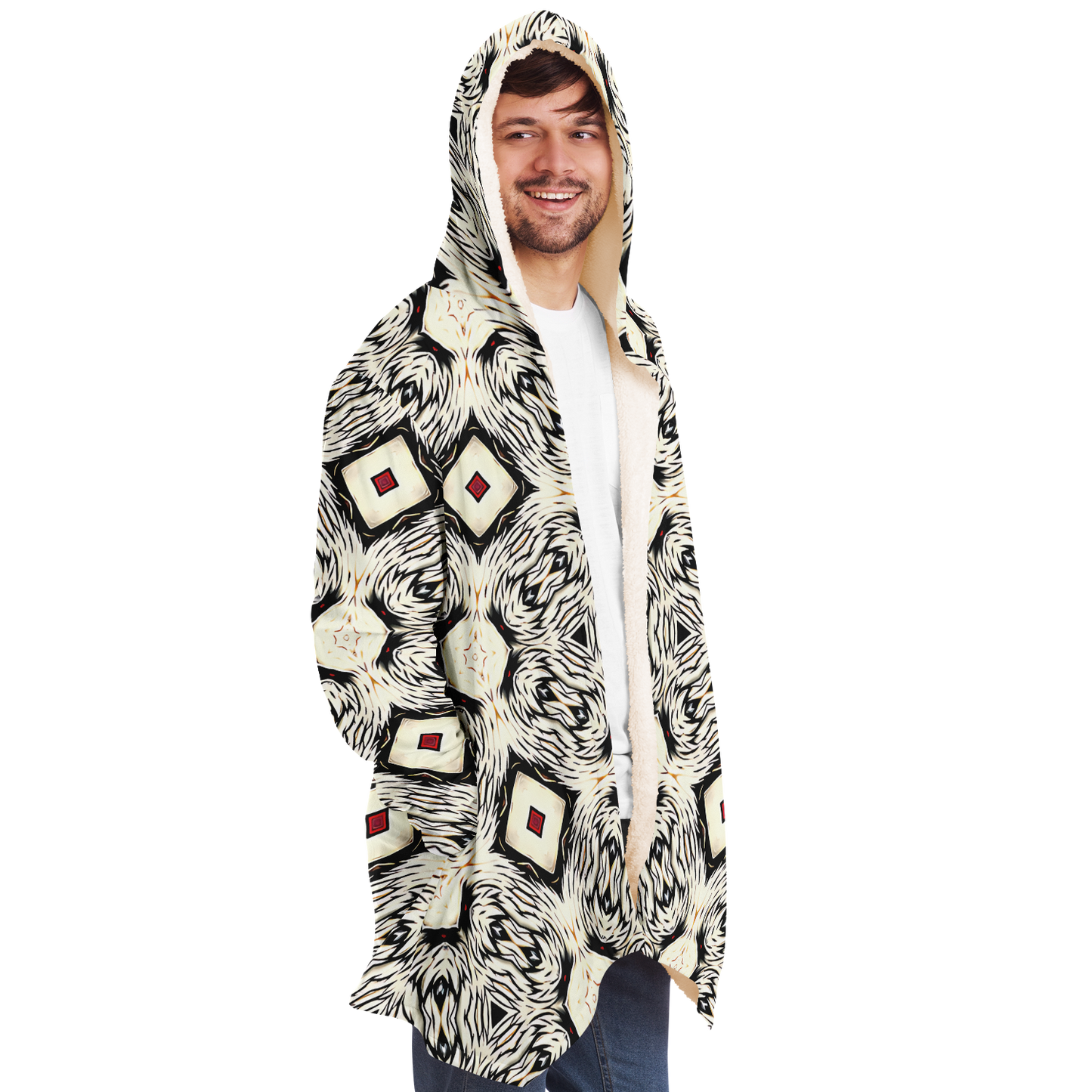 Men's Black & Cream Geometric Pattern All Over Print Microfleece Cloak
