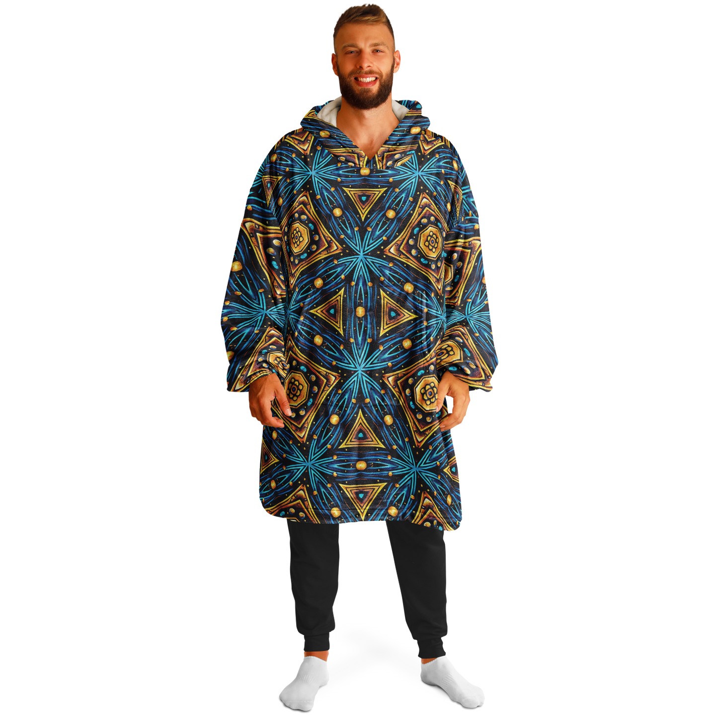 Men's Blue & Gold Geometric Pattern All Over Print Snug Hoodie Economy