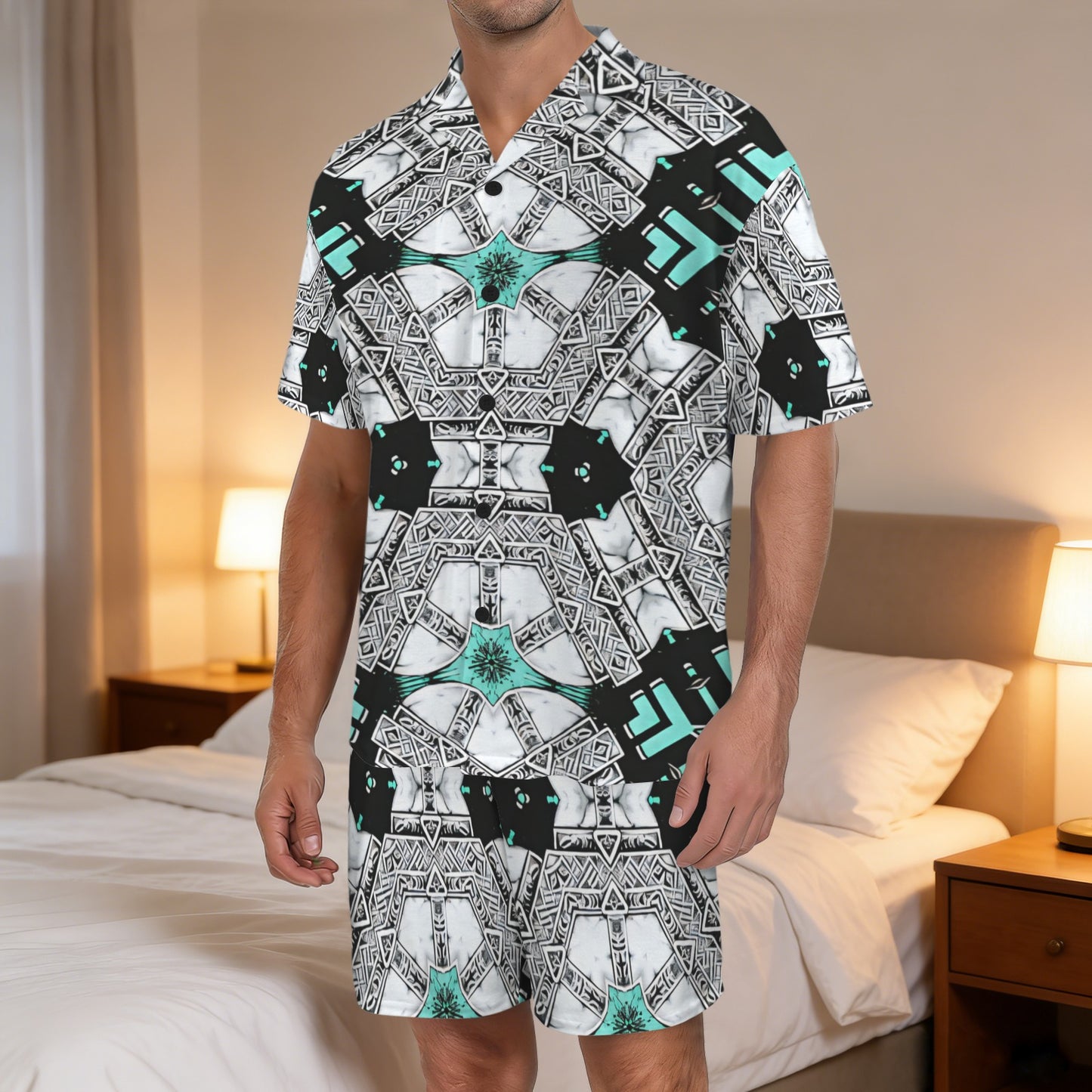 Men's Kaleidoscope Geo Pattern All Over Print V-Neck Short Pajama Set