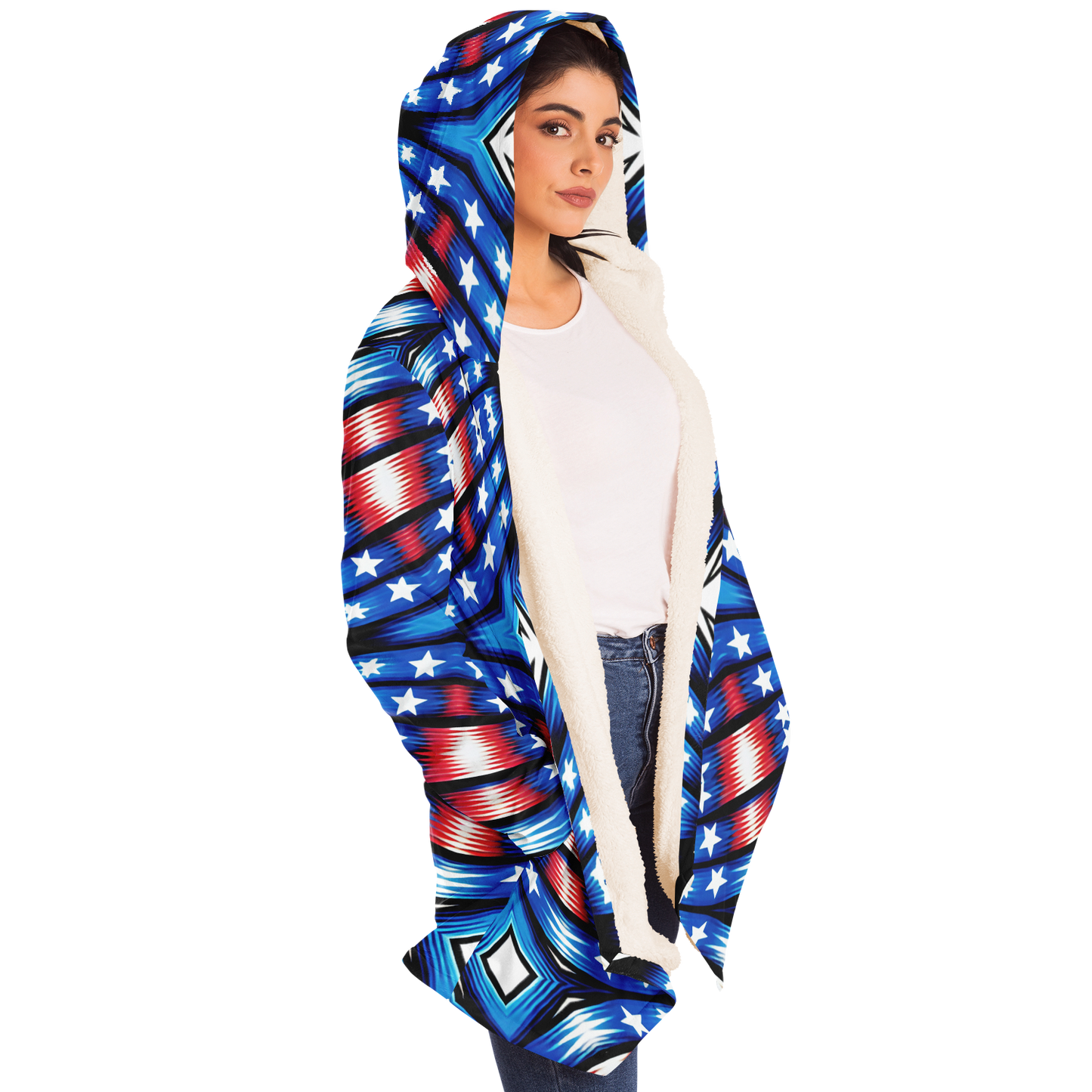 Women's Red White Blue Geometric Pattern All-Over Print Microfleece Cloak