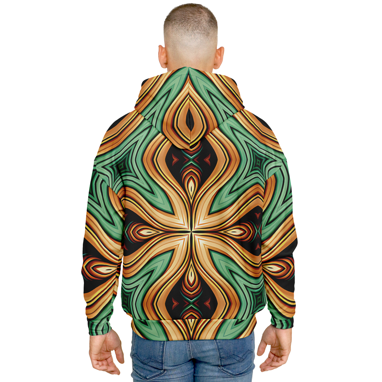 Men's  Green & Gold Retro Kaleidoscope Pattern Heavyweight Oversized Hoodie