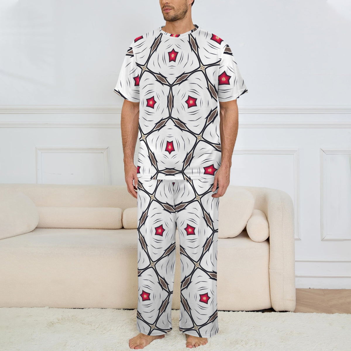 Men's Geometric White Red Patterned Design All-Over Print Men's Crew Neck Pajama Set