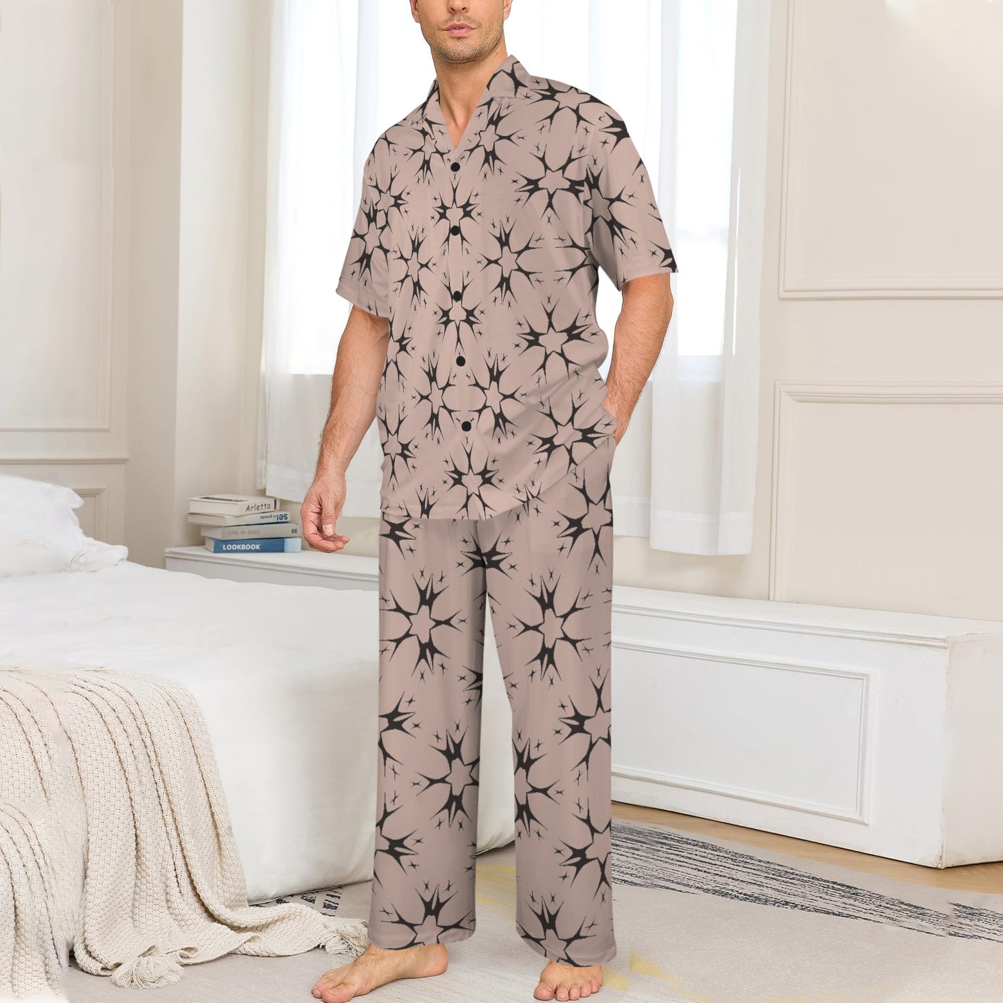 Men's Blush Pink Kaleidoscope Pattern All Over Print V-Neck Pajama Set