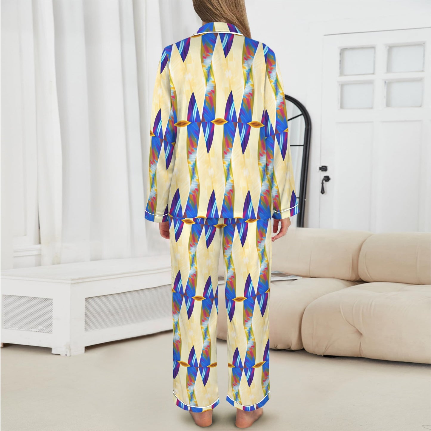 Women's Abstract Blue Wave Pattern All Over Print Long Sleeve Satin Pajama Set
