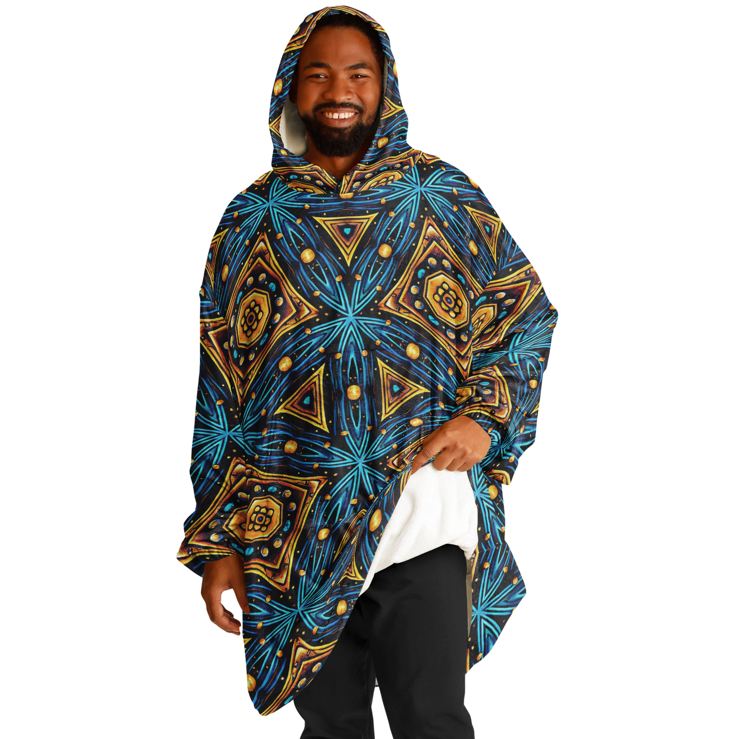 Men's Blue & Gold Geometric Pattern All Over Print Snug Hoodie Economy