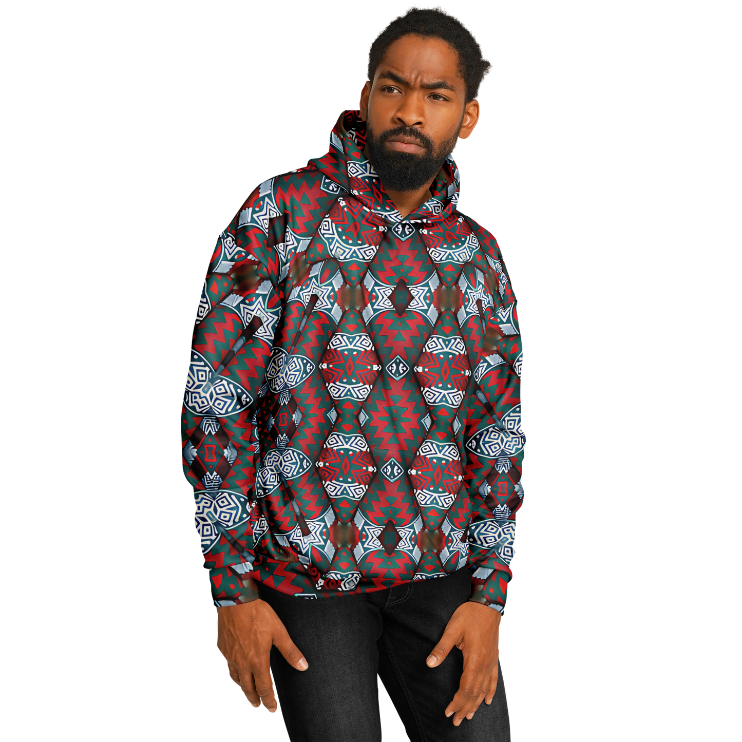 Men's Red & Teal Geometric Pattern Heavyweight Oversized Hoodie