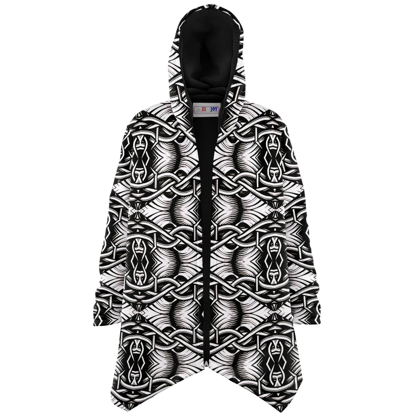 Men’s Black Intricate Silver Chain Tattoo Pattern High Microfleece Cloak