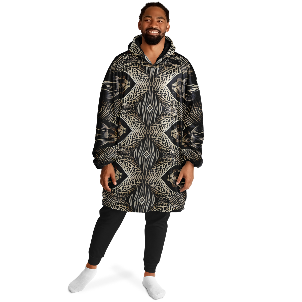 Men's Monochrome Geometric Kaleidoscope Pattern All Over Print Snug Hoodie