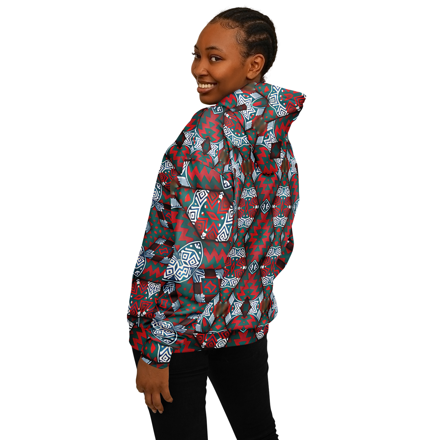 Women's Red & Teal Geometric Pattern Heavyweight Oversized Hoodie
