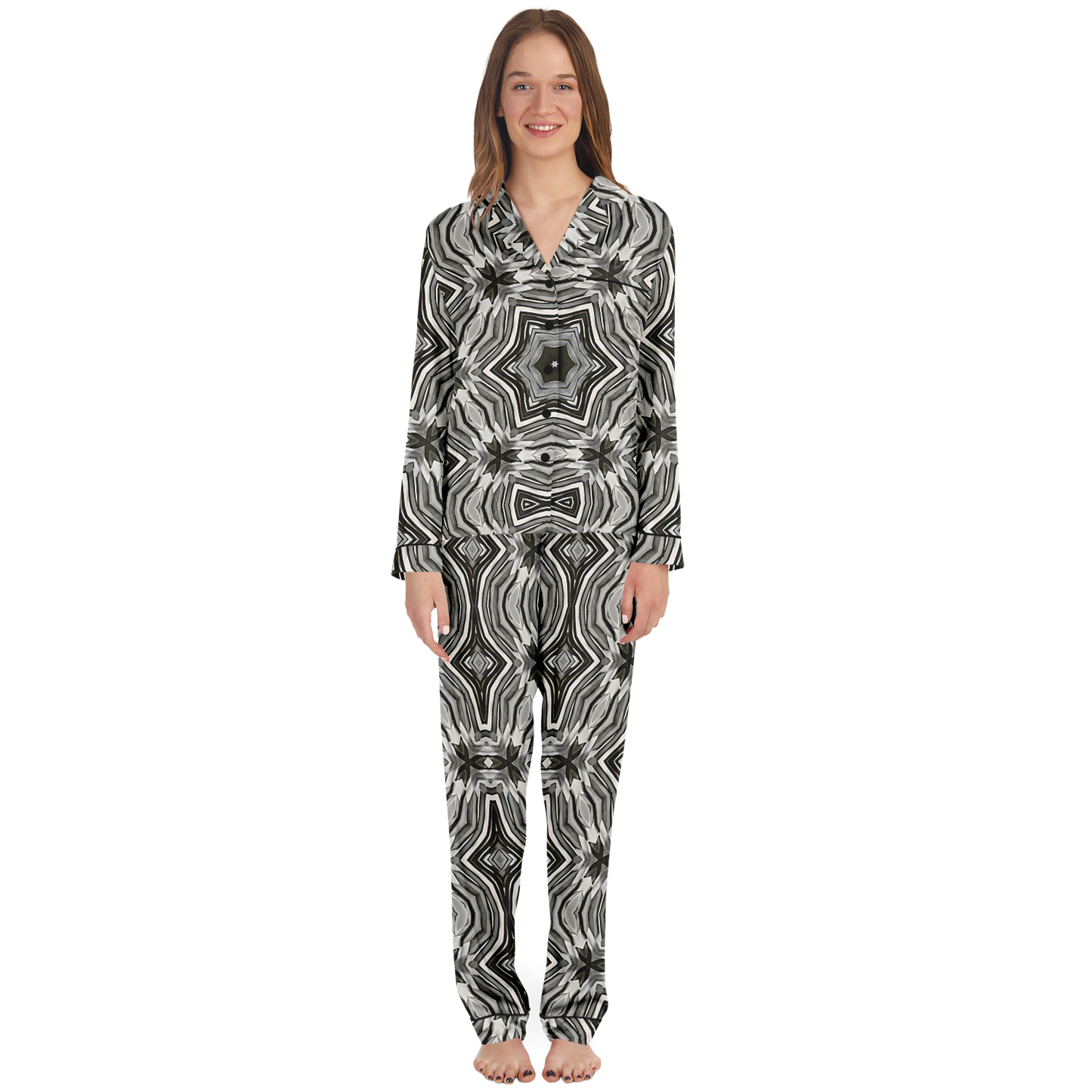 Women's Monochrome Kaleidoscope Pattern Satin Pajamas