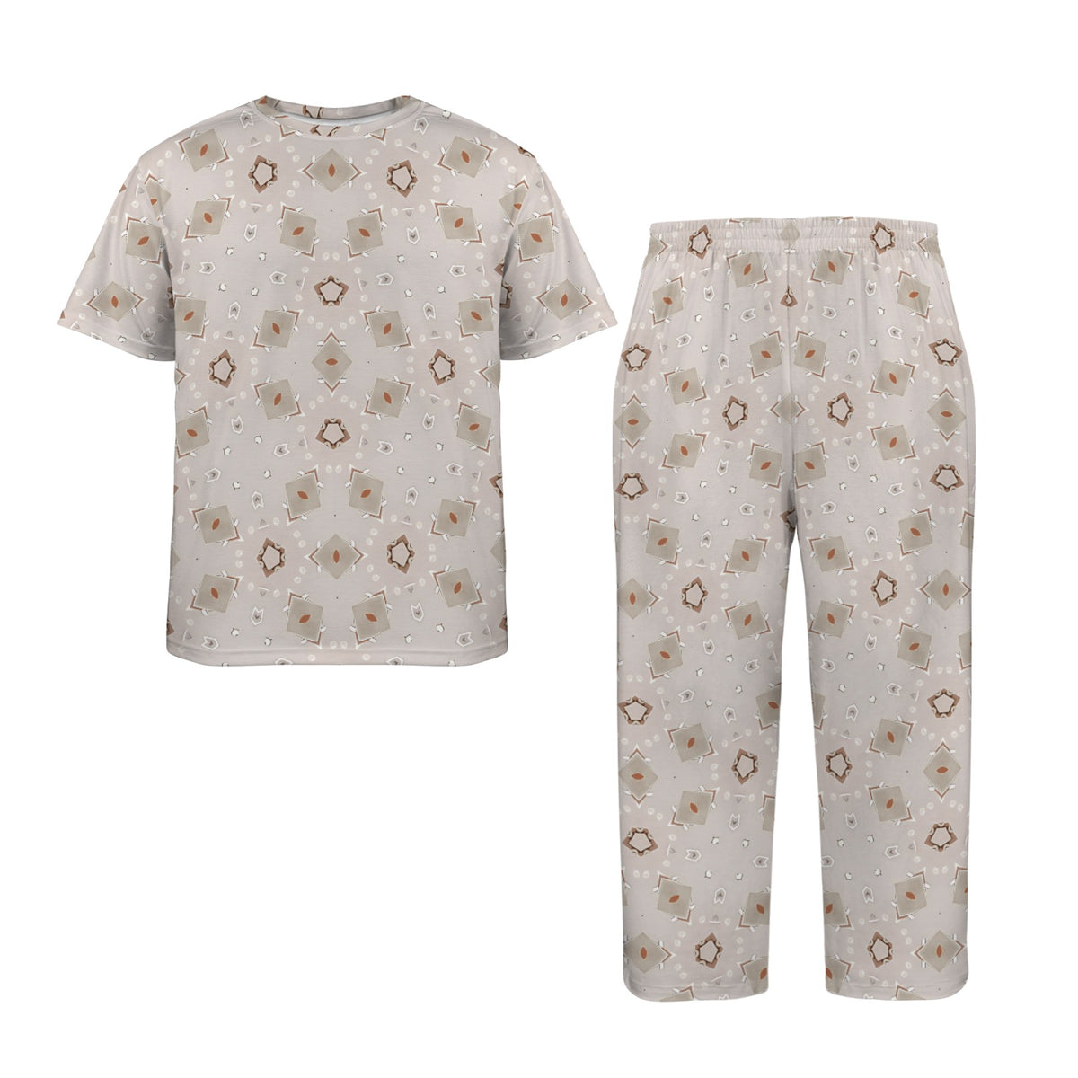 Men's Beige Neutral Geo Pattern Design All-Over Print Men's Crew Neck Pajama Set