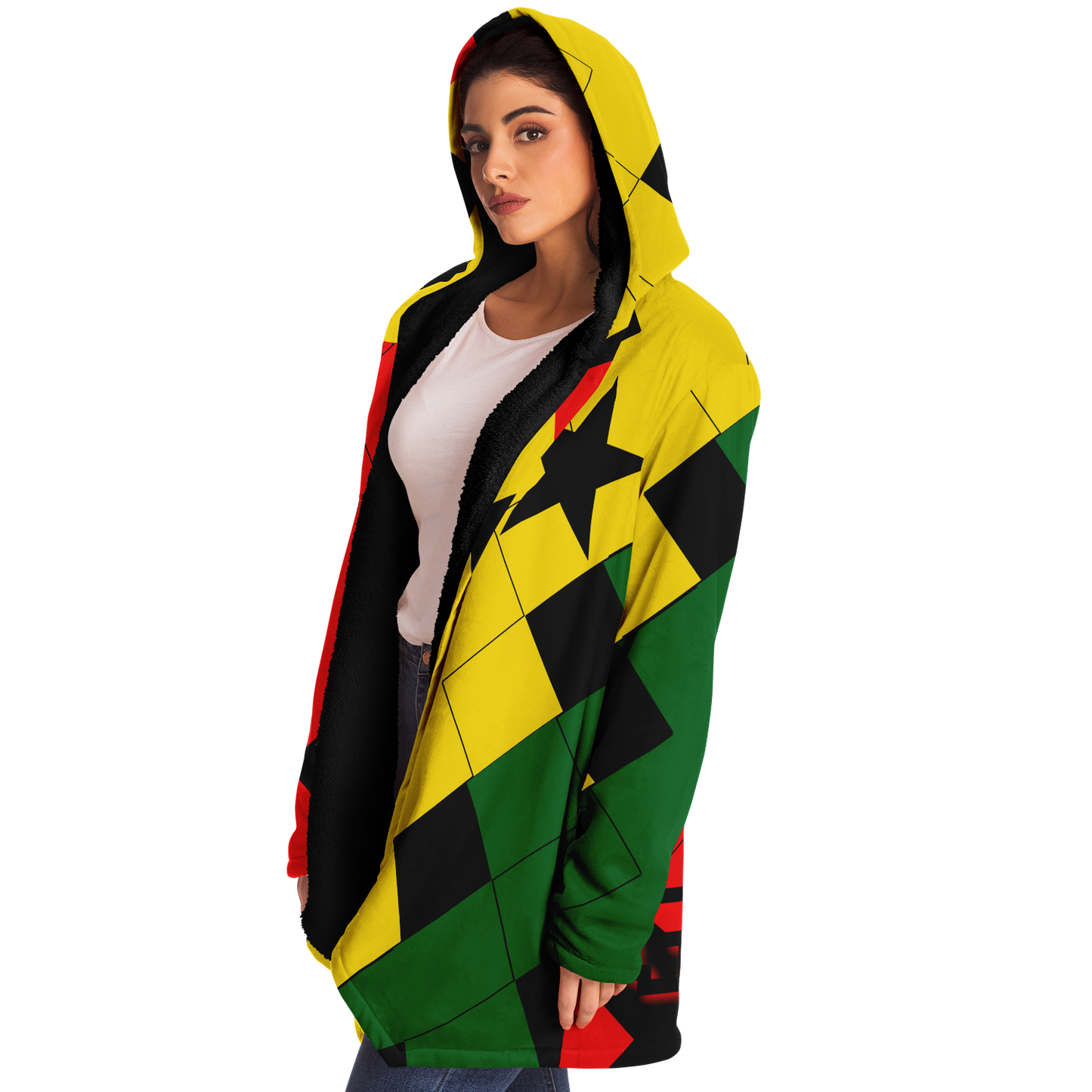 Women's Red Yellow Green and Black Stars Microfleece Cloak