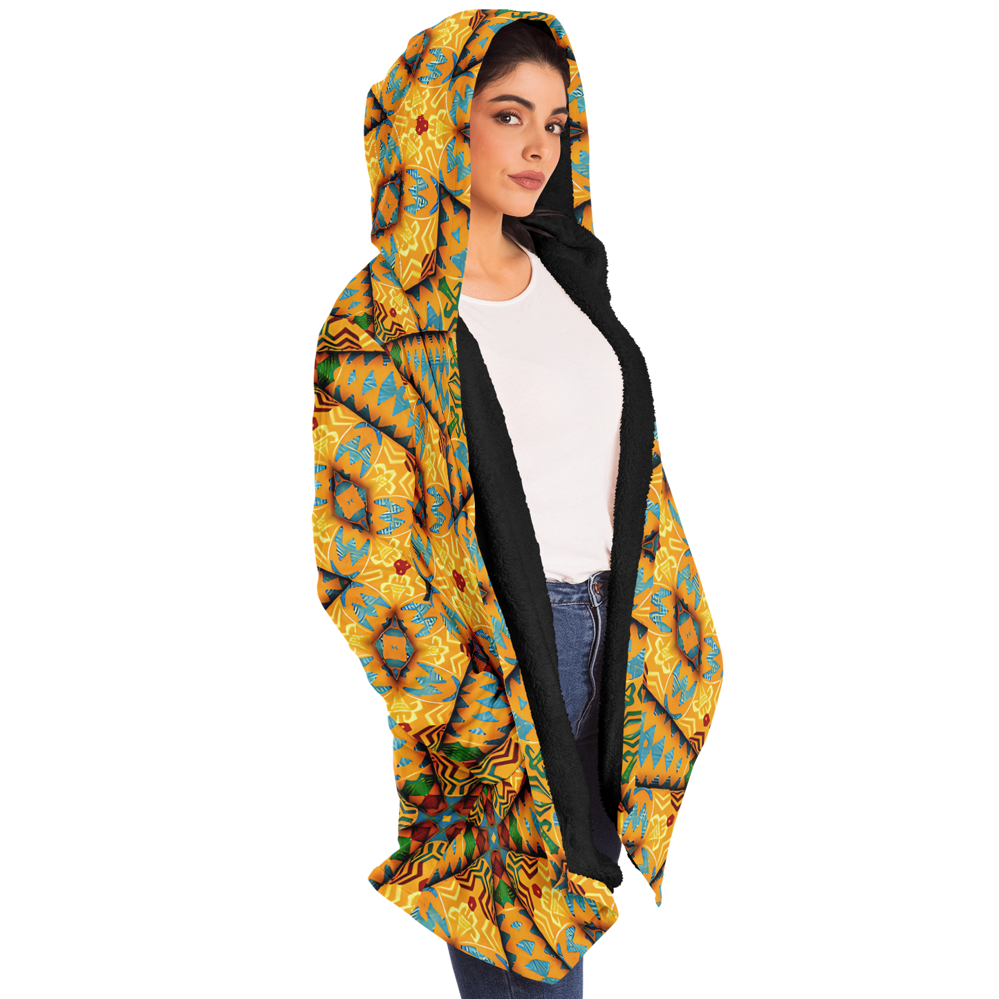 Women's Golden Geometric Mosaic Pattern Microfleece Cloak