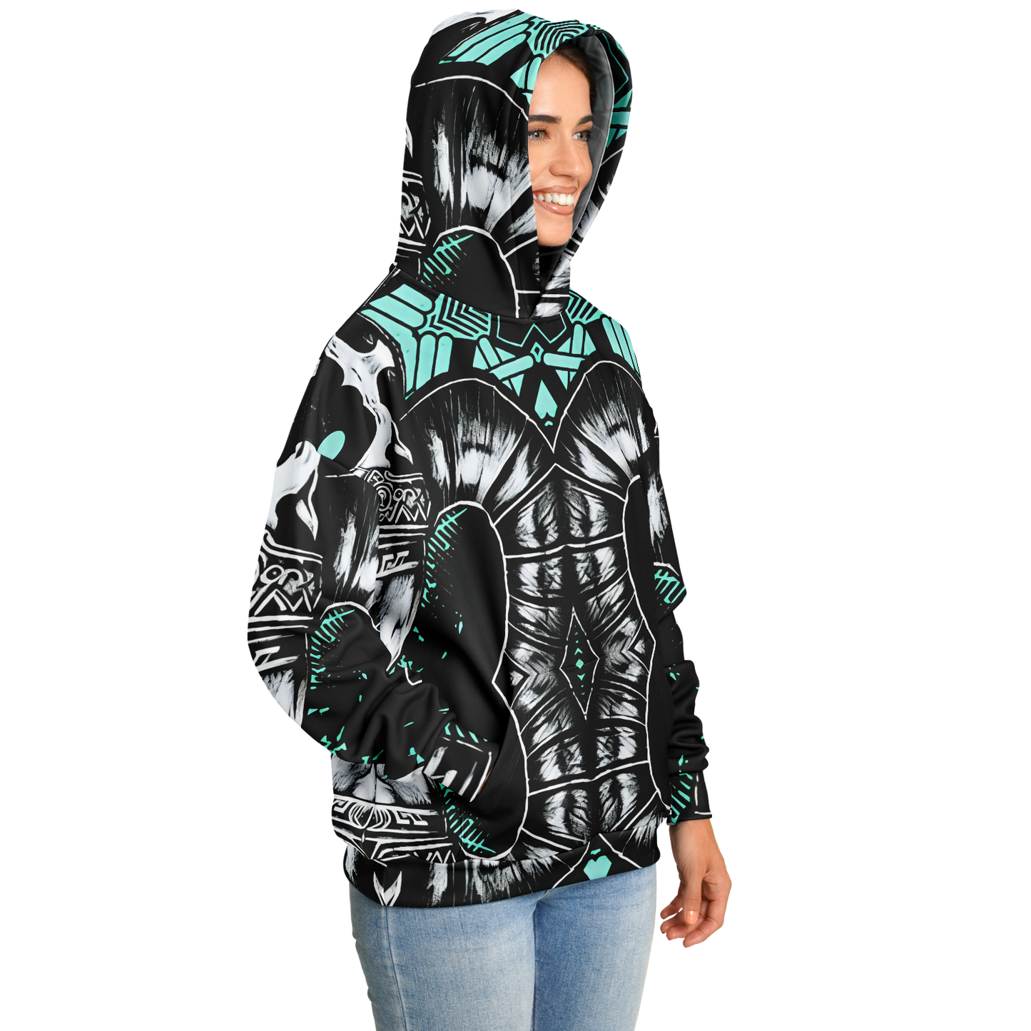 Women's Black White & Green Geo Pattern All Over Print Heavyweight Oversized Hoodie