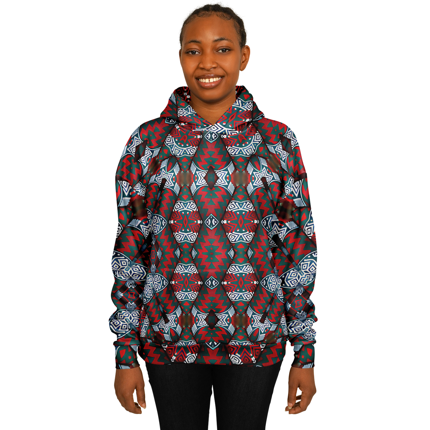 Women's Red & Teal Geometric Pattern Heavyweight Oversized Hoodie
