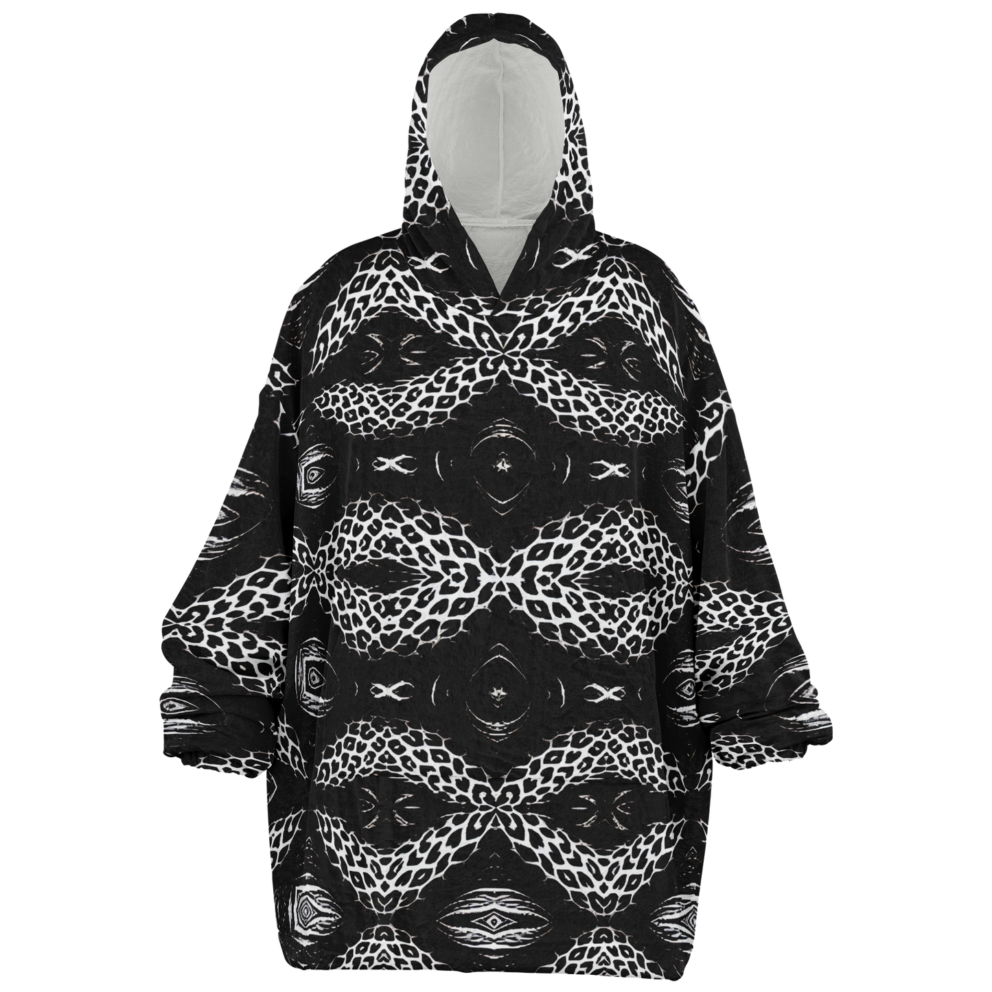 Women's Black & White Kaleidoscope Leopard All Over Print Snug Hoodie Economy