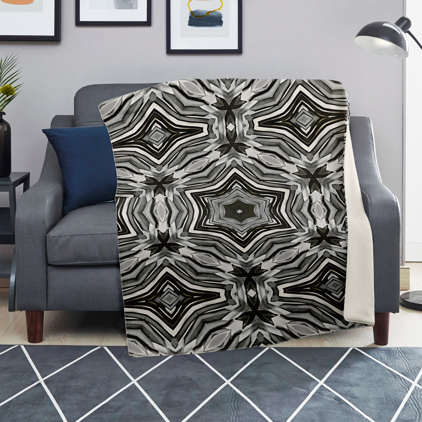 Blanket - Monochrome Kaleidoscope Pattern Premium Microfleece Blanket