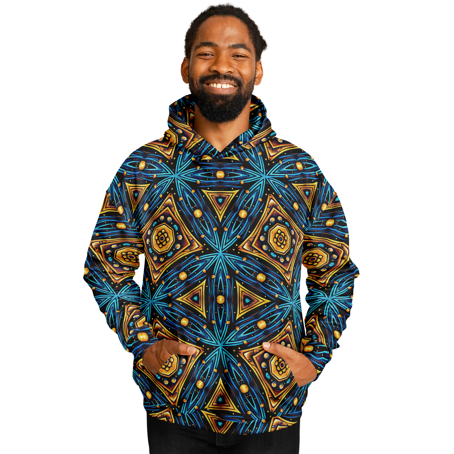 Men's Blue & Gold Geometric Pattern All Over Print Heavyweight Oversized Hoodie