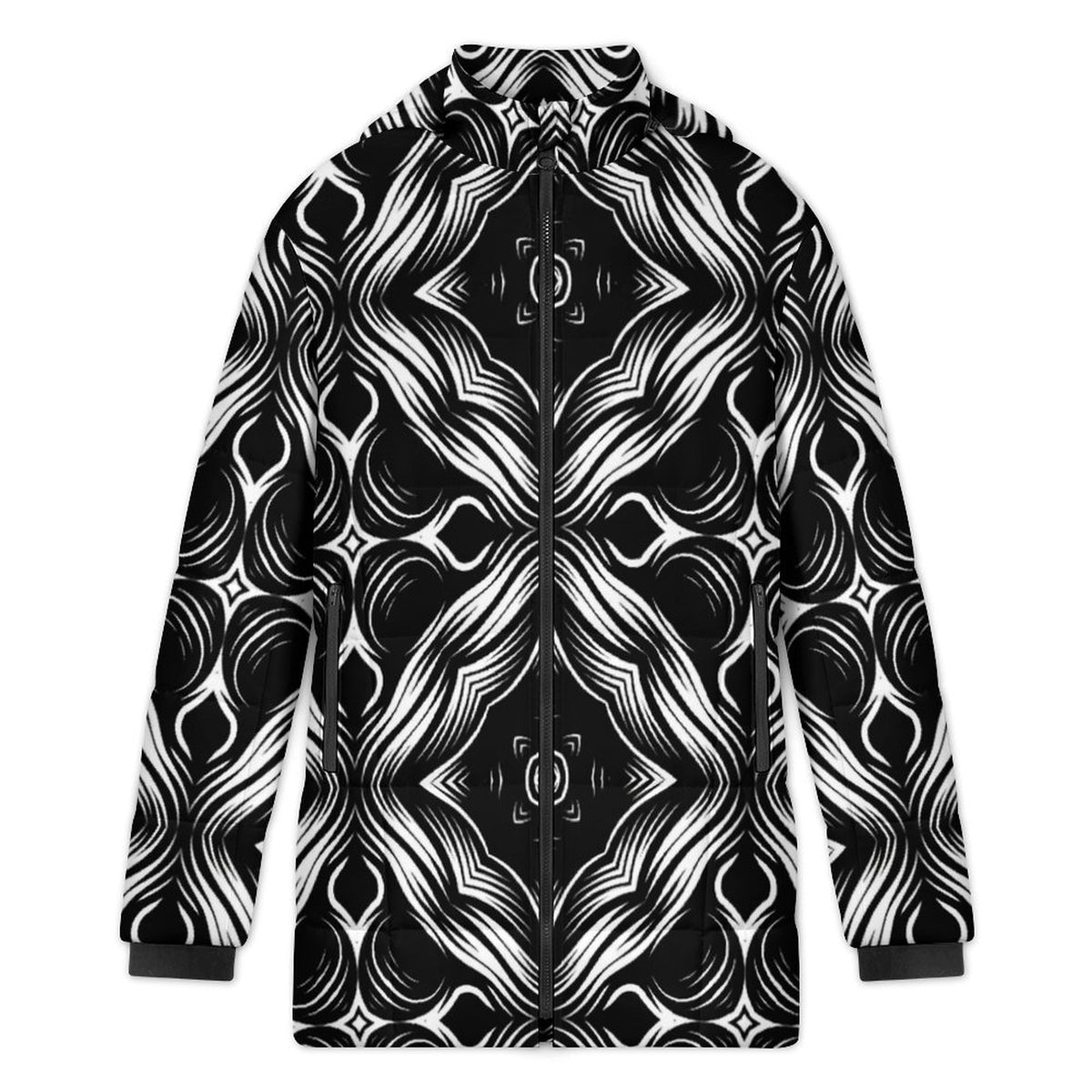 Women's Black & White Geometric Pattern All-Over Print Hooded Puffer Coat