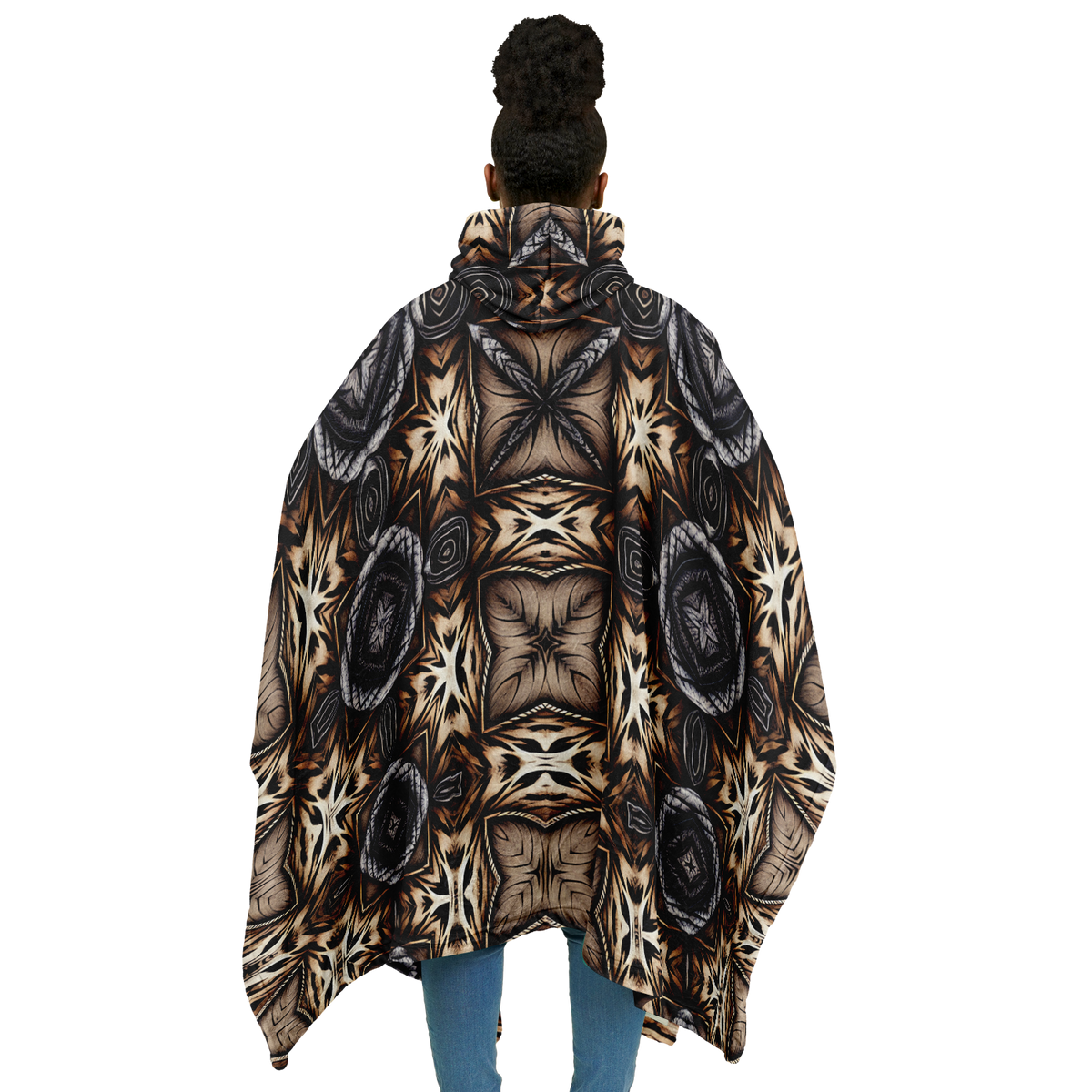 Women's Geometric Kaleidoscope Brown Pattern All Over Print Flannel Blanket Poncho