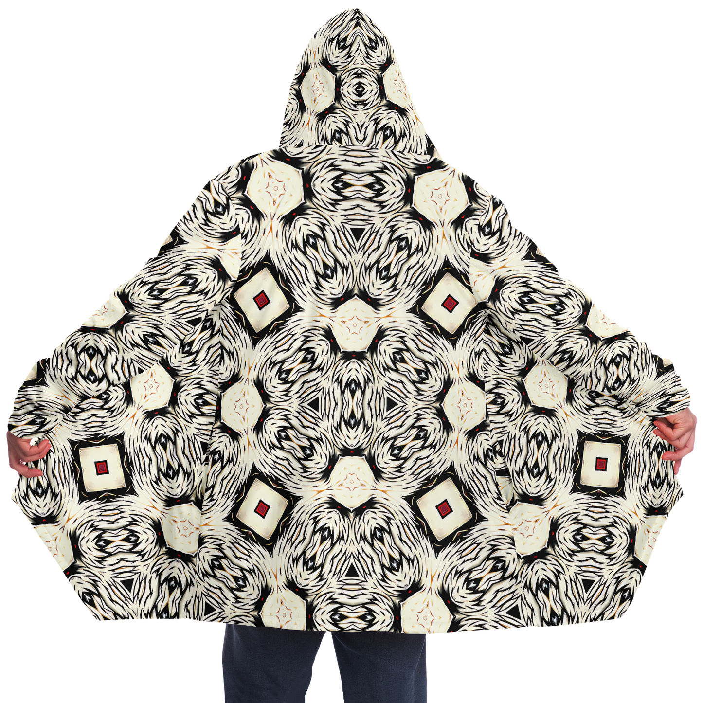Men's Black & Cream Geometric Pattern All Over Print Microfleece Cloak
