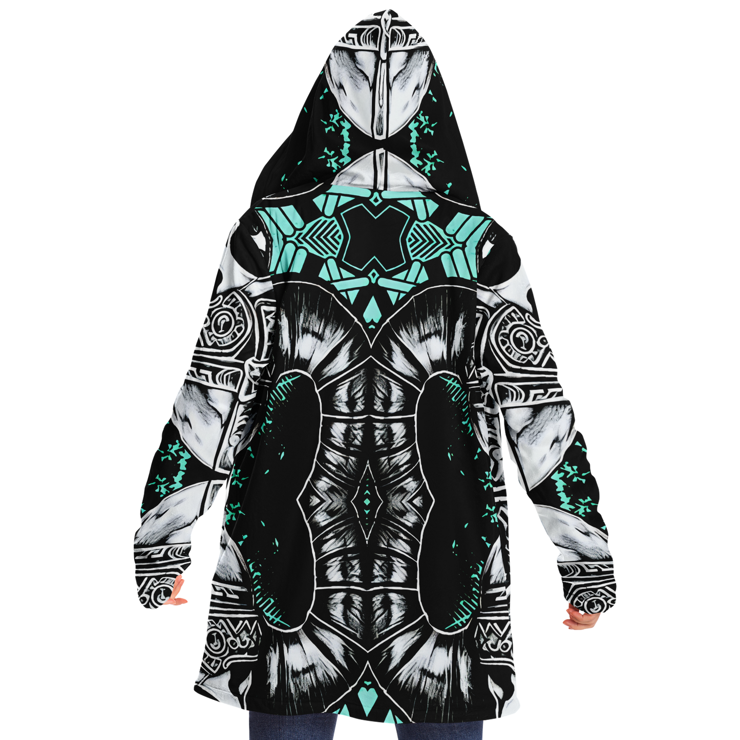 Women's Teal Black White & Green Geometric Pattern All Over Print Microfleece Cloak