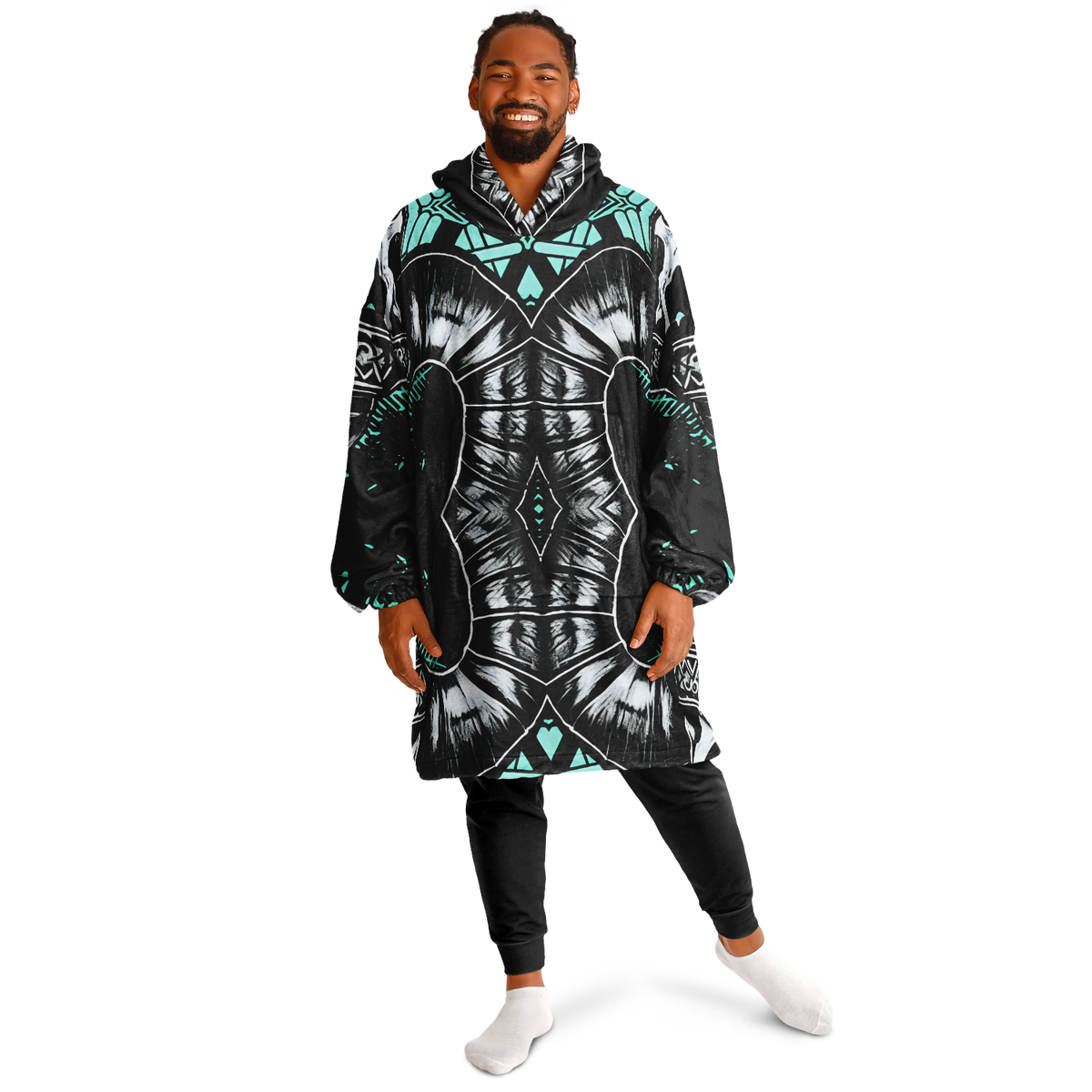 Men's Teal Black White & Green Geometric Pattern All Over Print Snug Hoodie Economy