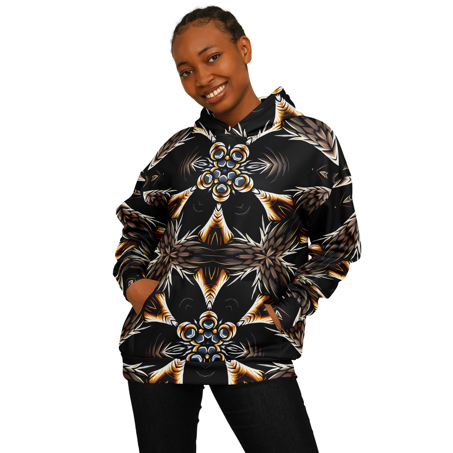 Women's Geometric Black & Gold Kaleidoscope Print Heavyweight Oversized Hoodie