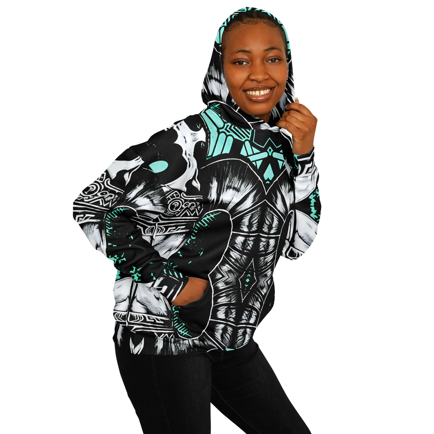 Women's Black White & Green Geo Pattern All Over Print Heavyweight Oversized Hoodie