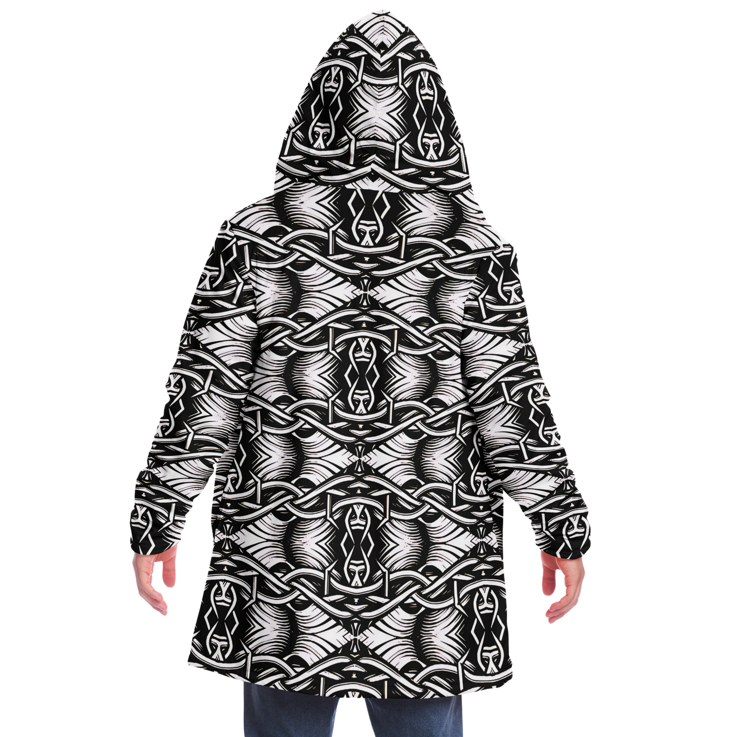 Men’s Black Intricate Silver Chain Tattoo Pattern High Microfleece Cloak