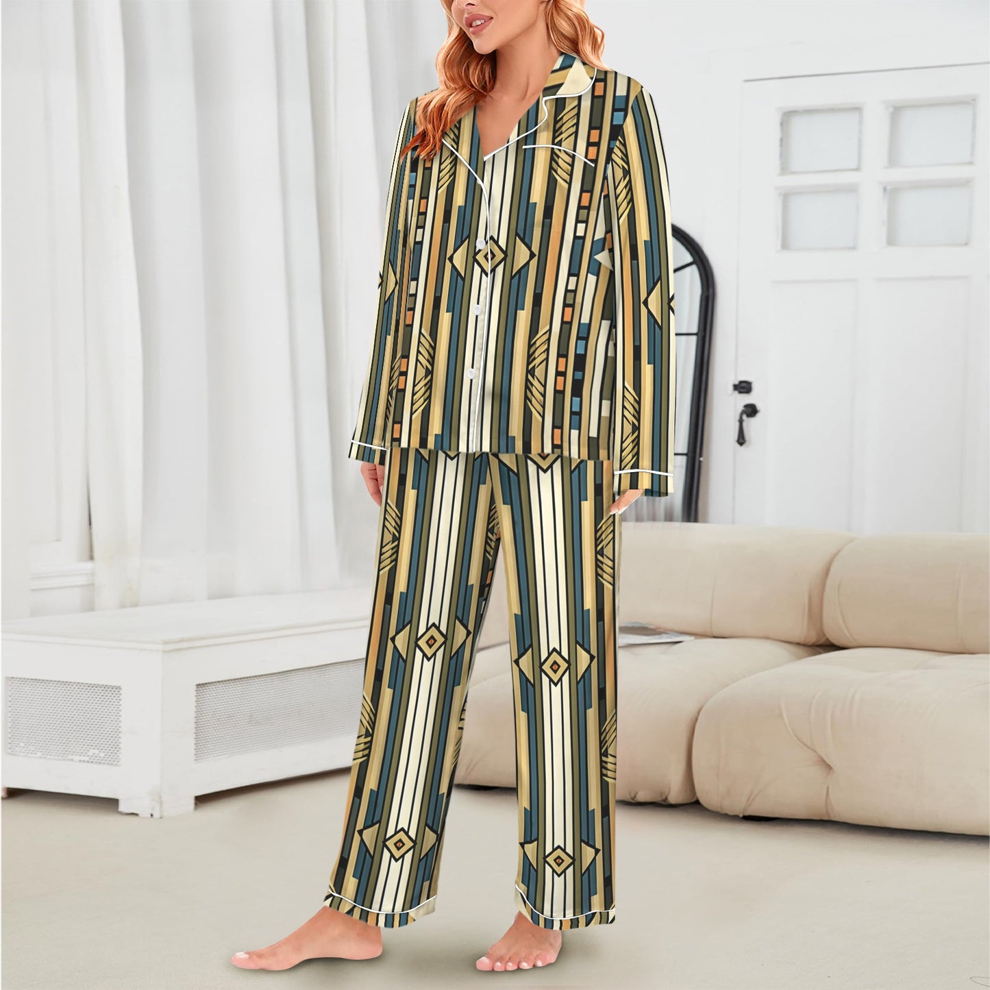 Women's Retro Geometric Tribal Pattern All-Over Print Long Sleeve Satin Pajama Set