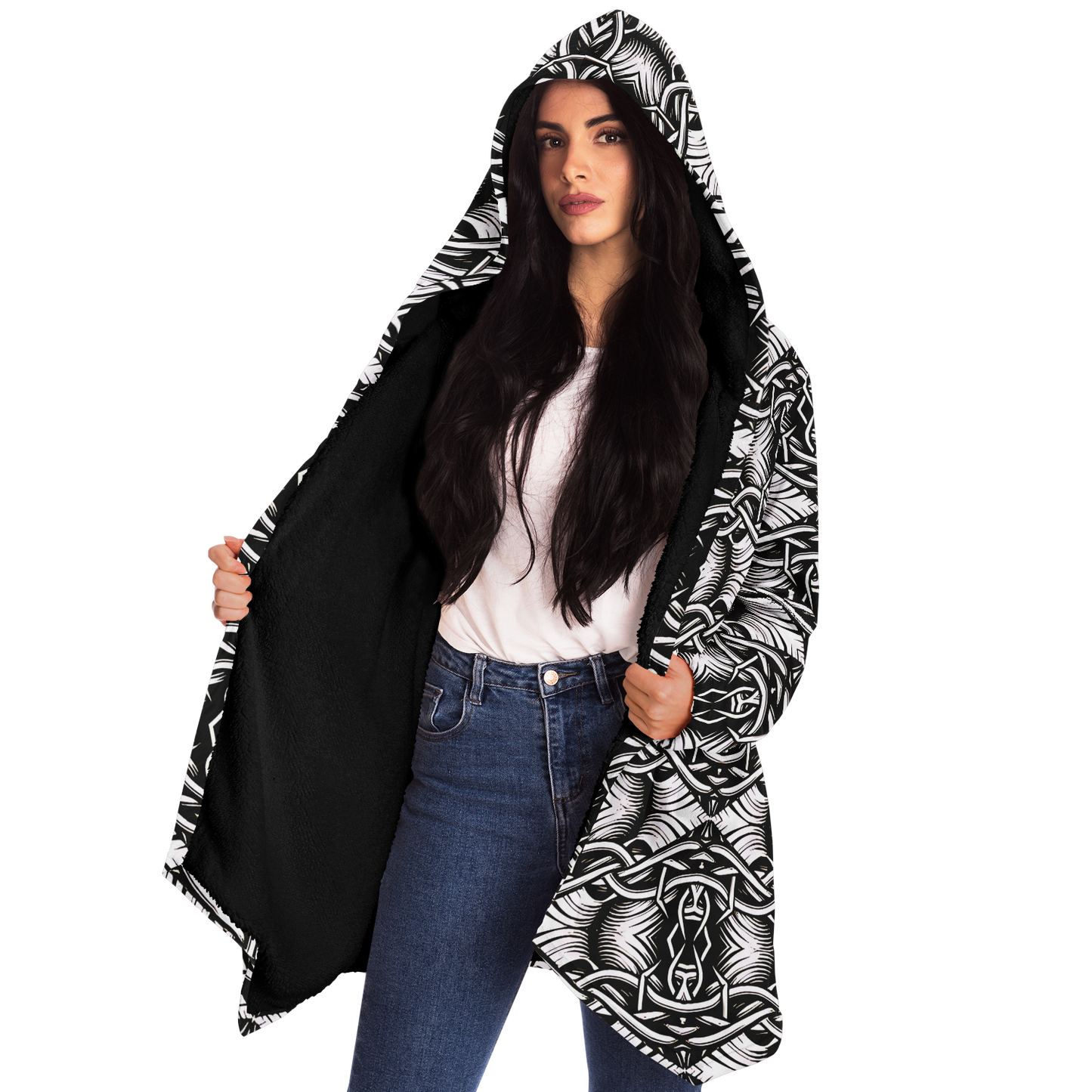 Women’s Black Intricate Silver Chain Tattoo Pattern High Microfleece Cloak