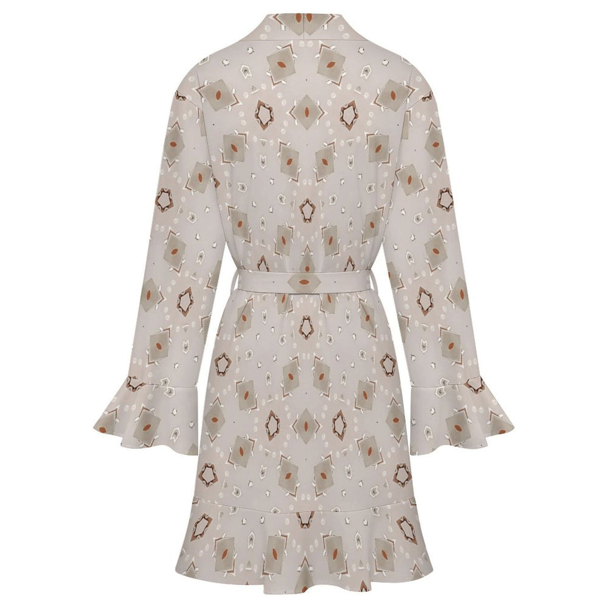 Women's Beige Neutral Geo Pattern Design All-Over Print Ruffle Long Sleeve Robe