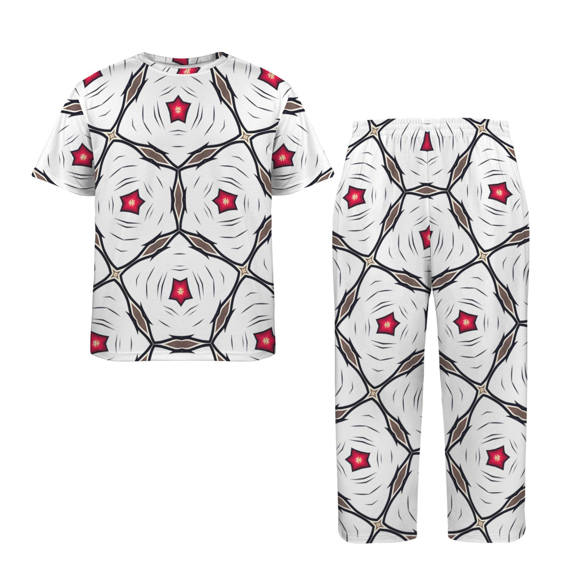 Men's Geometric White Red Patterned Design All-Over Print Men's Crew Neck Pajama Set