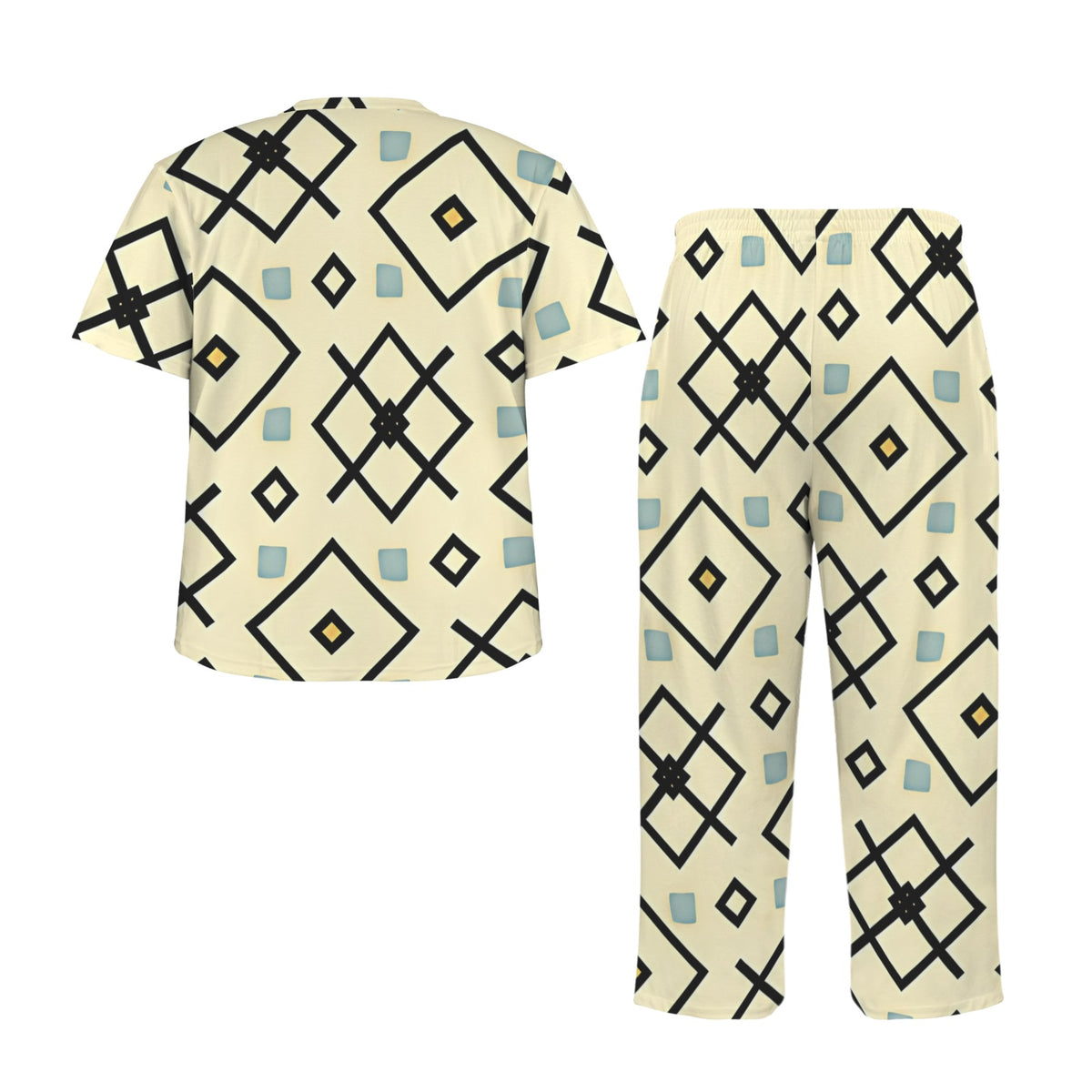 Men's Retro Cream Geometric Diamond Pattern Design All Over Print Men's Crew Neck Pajama Set