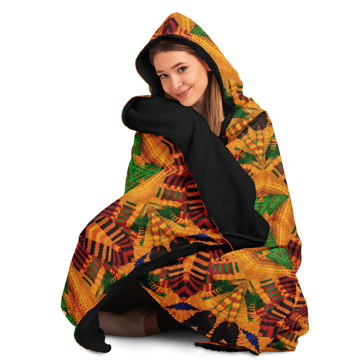 Women's Vibrant Orange & Green Geometric Pattern Hooded Blanket Micro Fleece