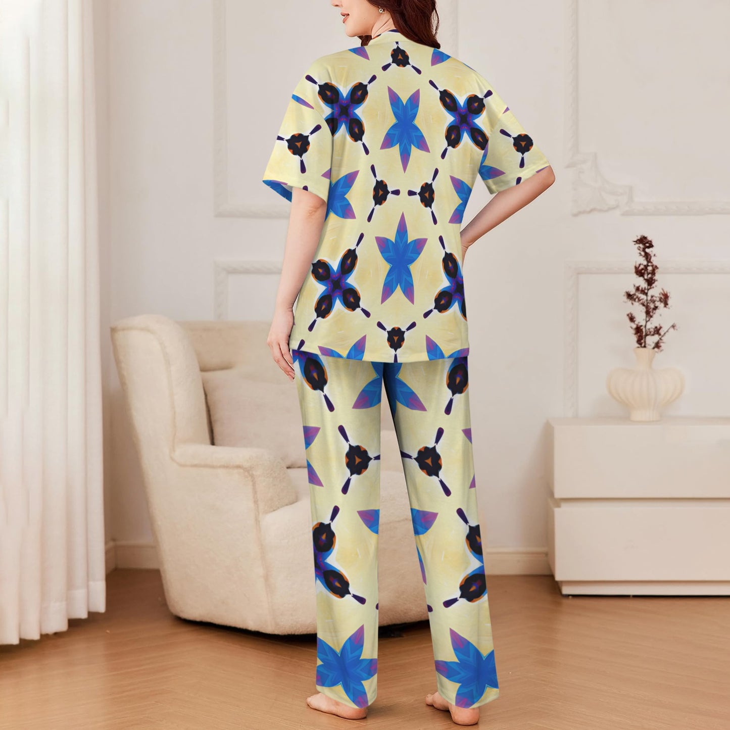 Women's Blue Floral Kaleidoscope All-Over Print Pattern V-Neck Pajama Set
