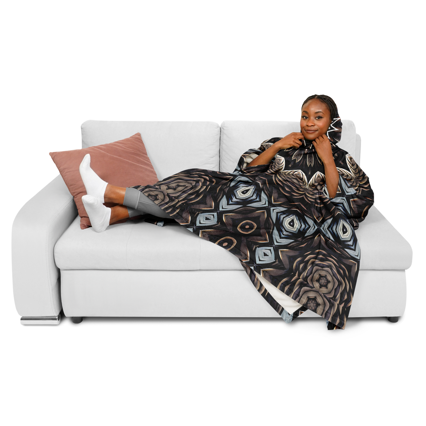 Women's Black & Taupe Kaleidoscope Floral Pattern Flannel Blanket Poncho All Over Print