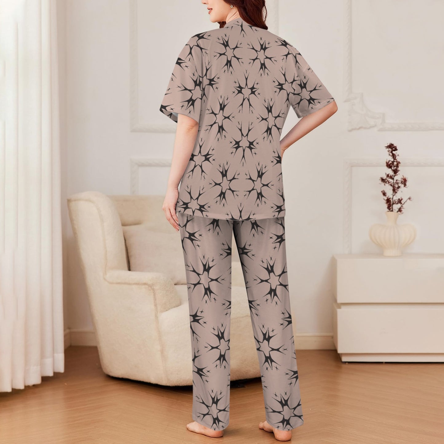 Women's Blush Pink Kaleidoscope Pattern All Over Print V-Neck Pajama Set