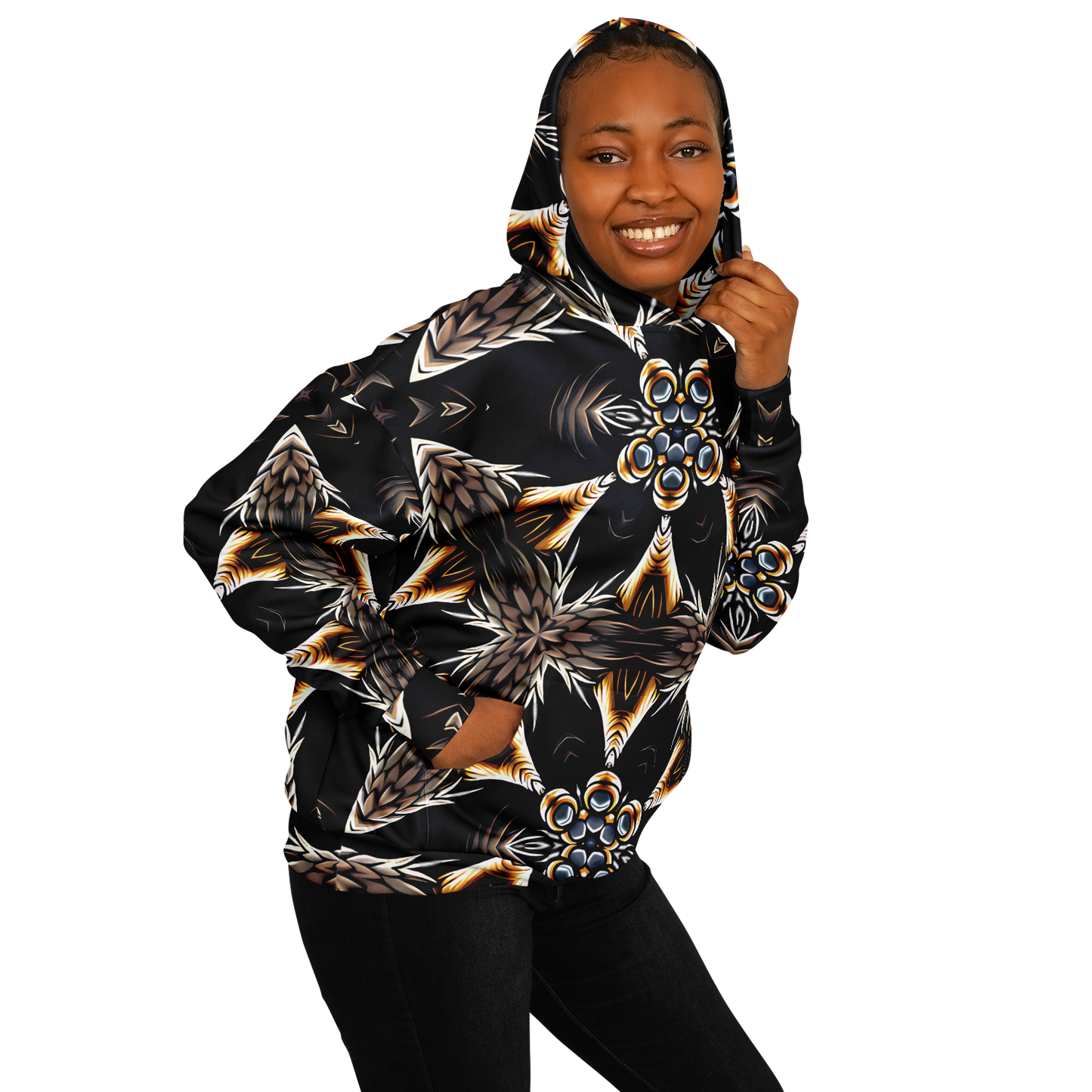 Women's Geometric Black & Gold Kaleidoscope Print Heavyweight Oversized Hoodie