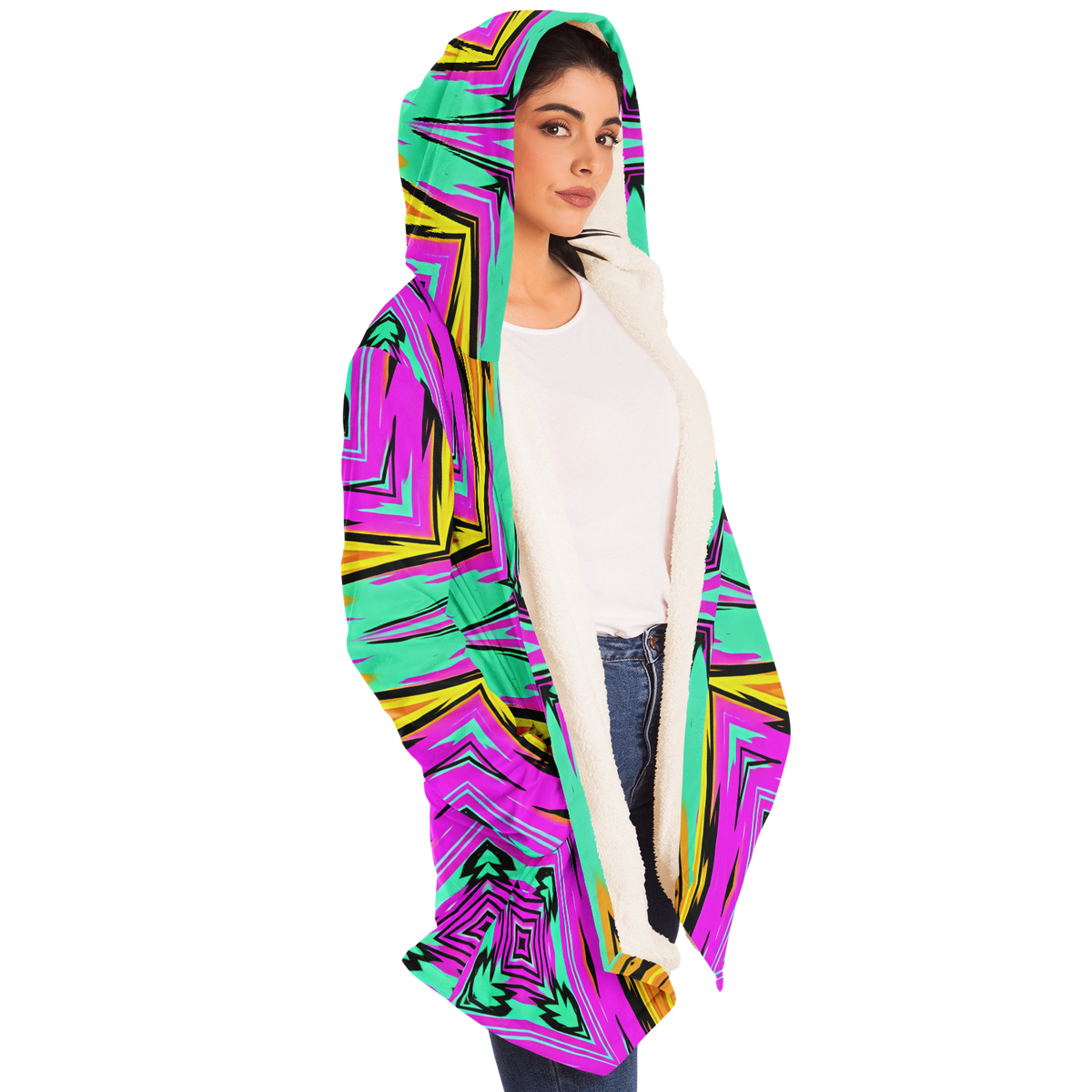 Women's Neon Geometric Star Pattern Design All Over Print  Microfleece Cloak