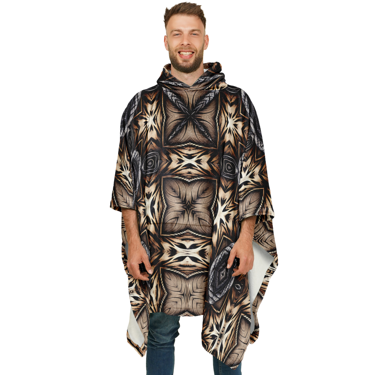 Men's Geometric Kaleidoscope Brown Pattern All Over Print Flannel Blanket Poncho