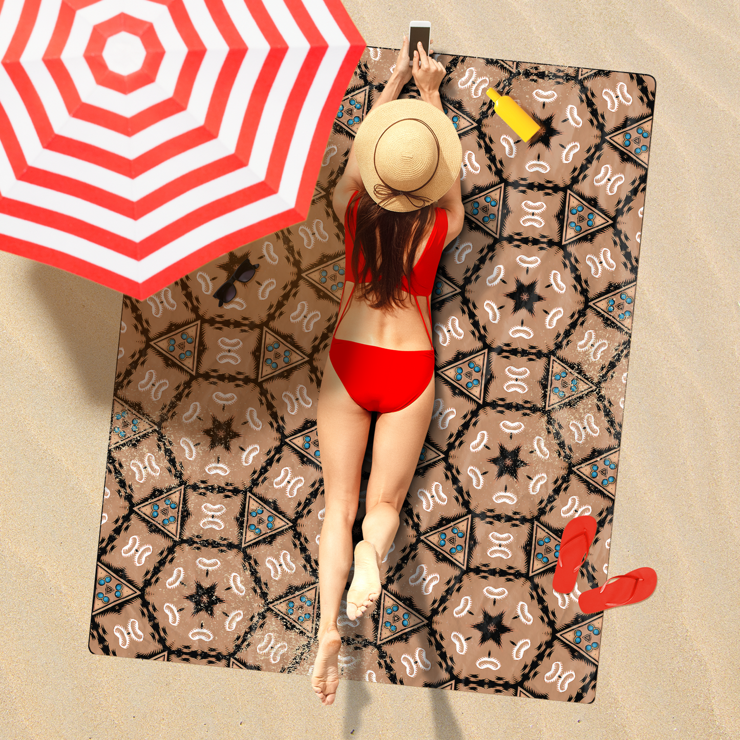 Brown Geometric Kaleidoscope Pattern All Over Print Freeform Beach Towel