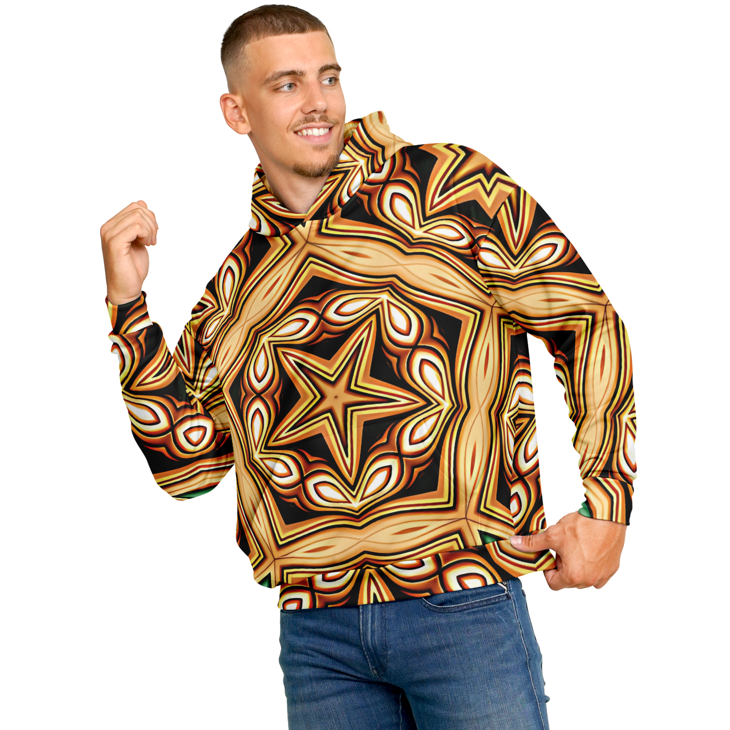 Men's Retro Geometric Brown & Teal Pattern Heavyweight Oversized Hoodie