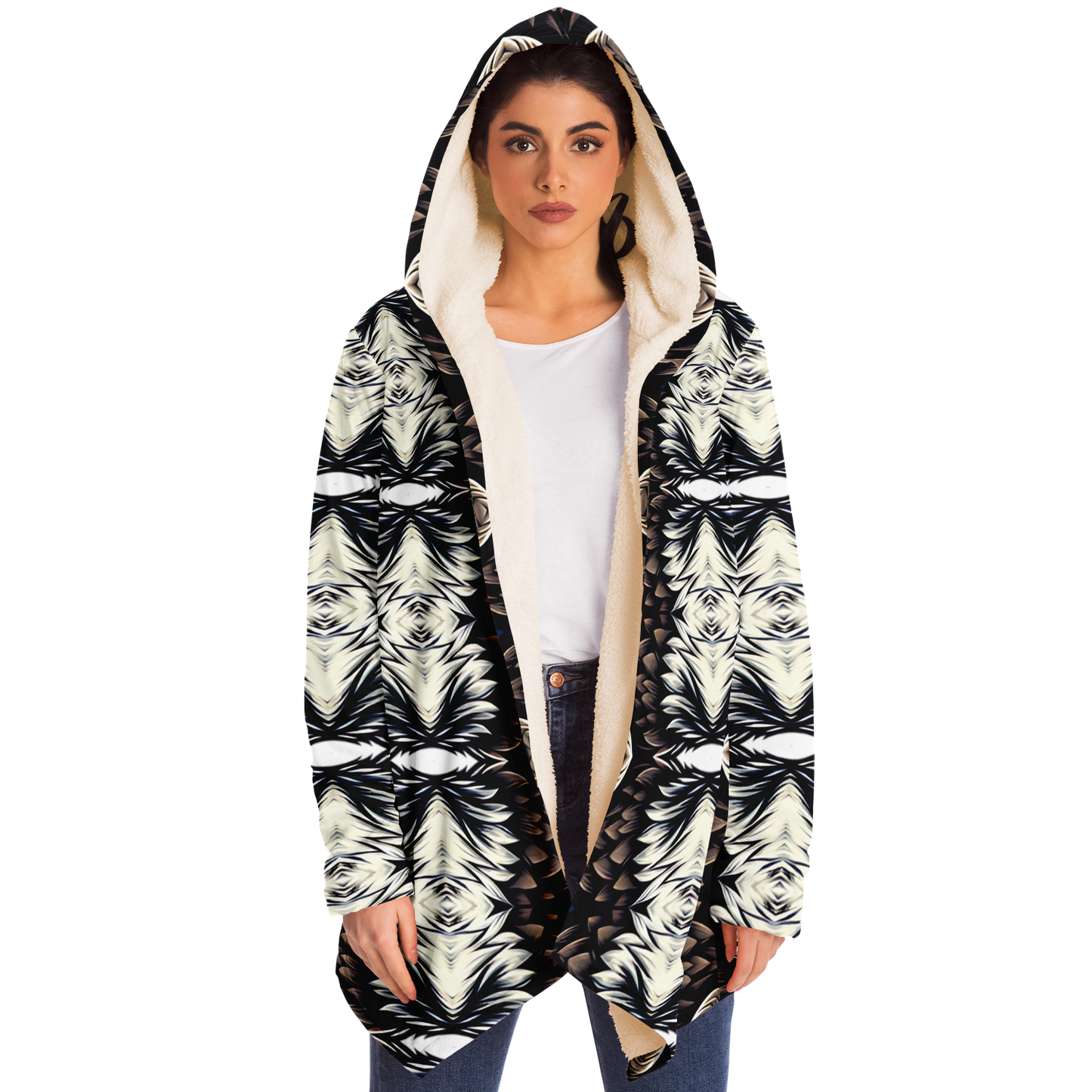 Women's Black White & Brown Kaleidoscope Pattern All Over Print Microfleece Cloak
