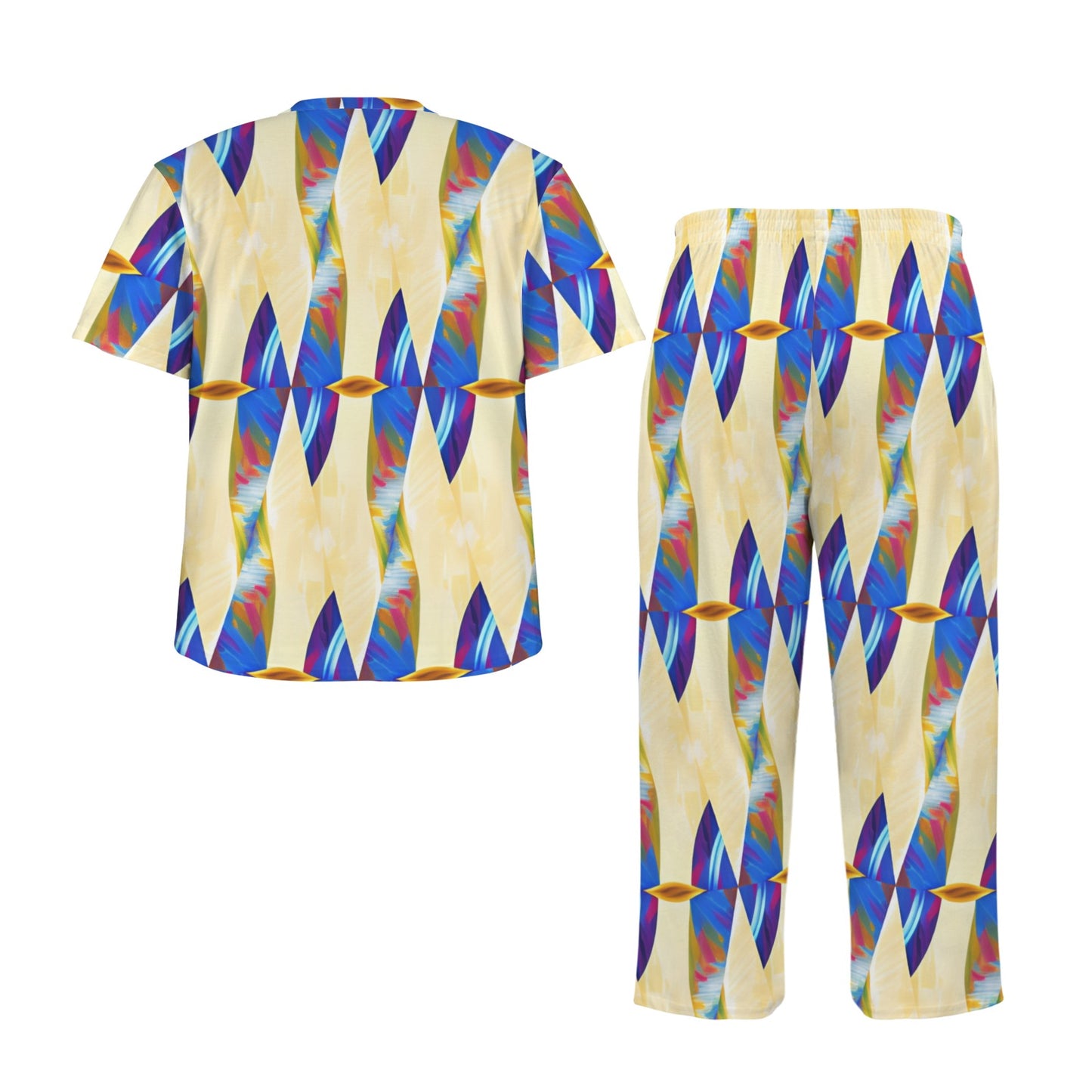 Men's Abstract Blue Wave Pattern All Over Print Crew Neck Pajama Set