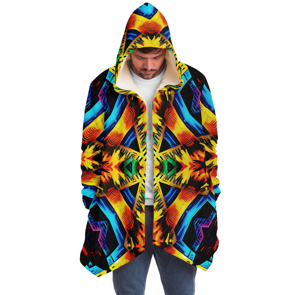 Men's Vibrant Kaleidoscope Tribal Pattern Design All Over Print Microfleece Cloak