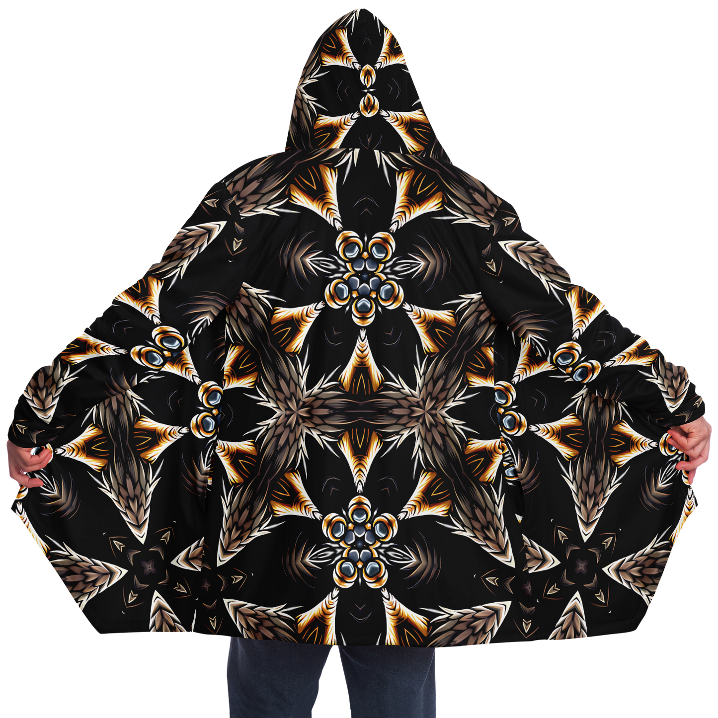 Women's Geometric Black & Gold Kaleidoscope Print Microfleece Cloak