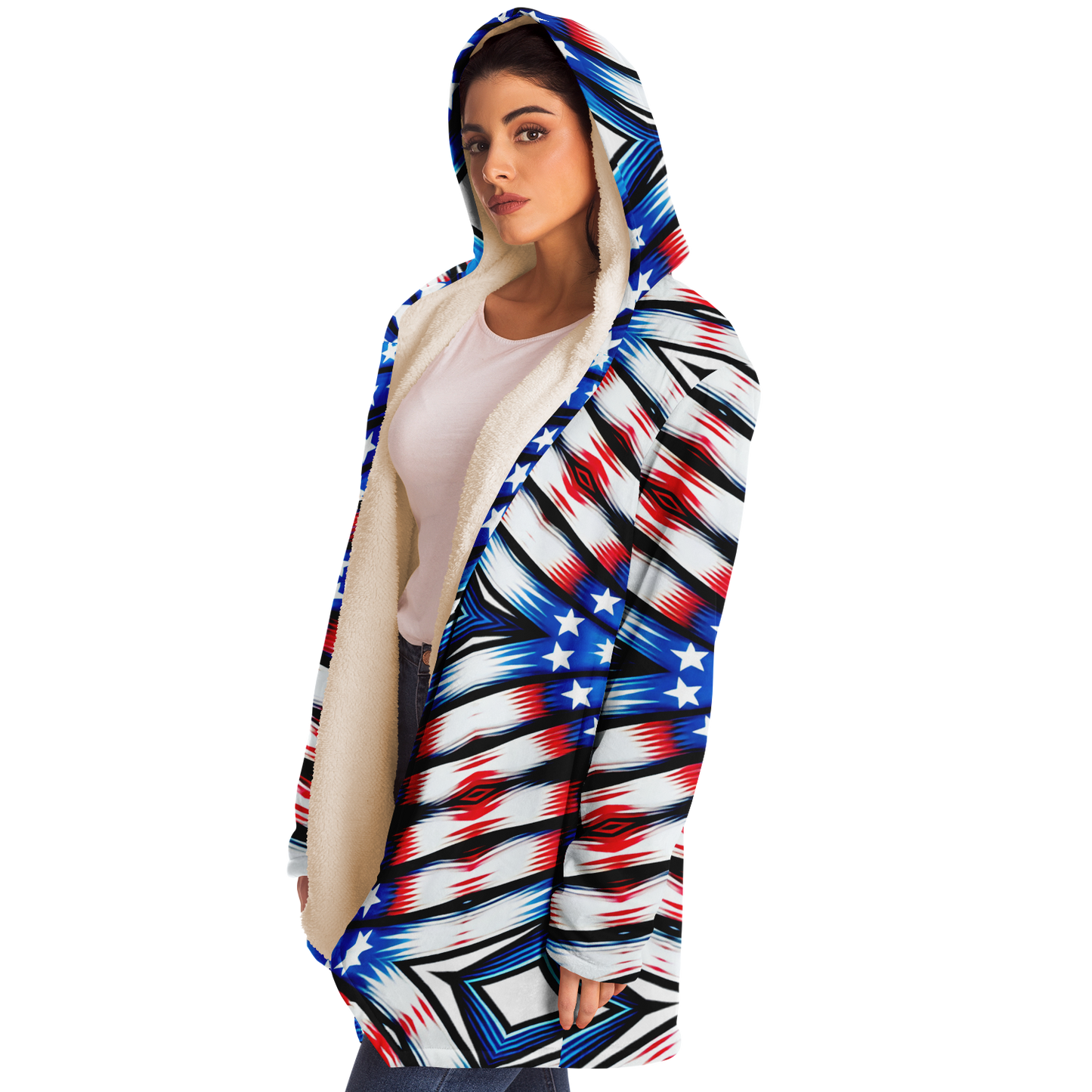 Women's Red White Blue Geometric Pattern All-Over Print Microfleece Cloak