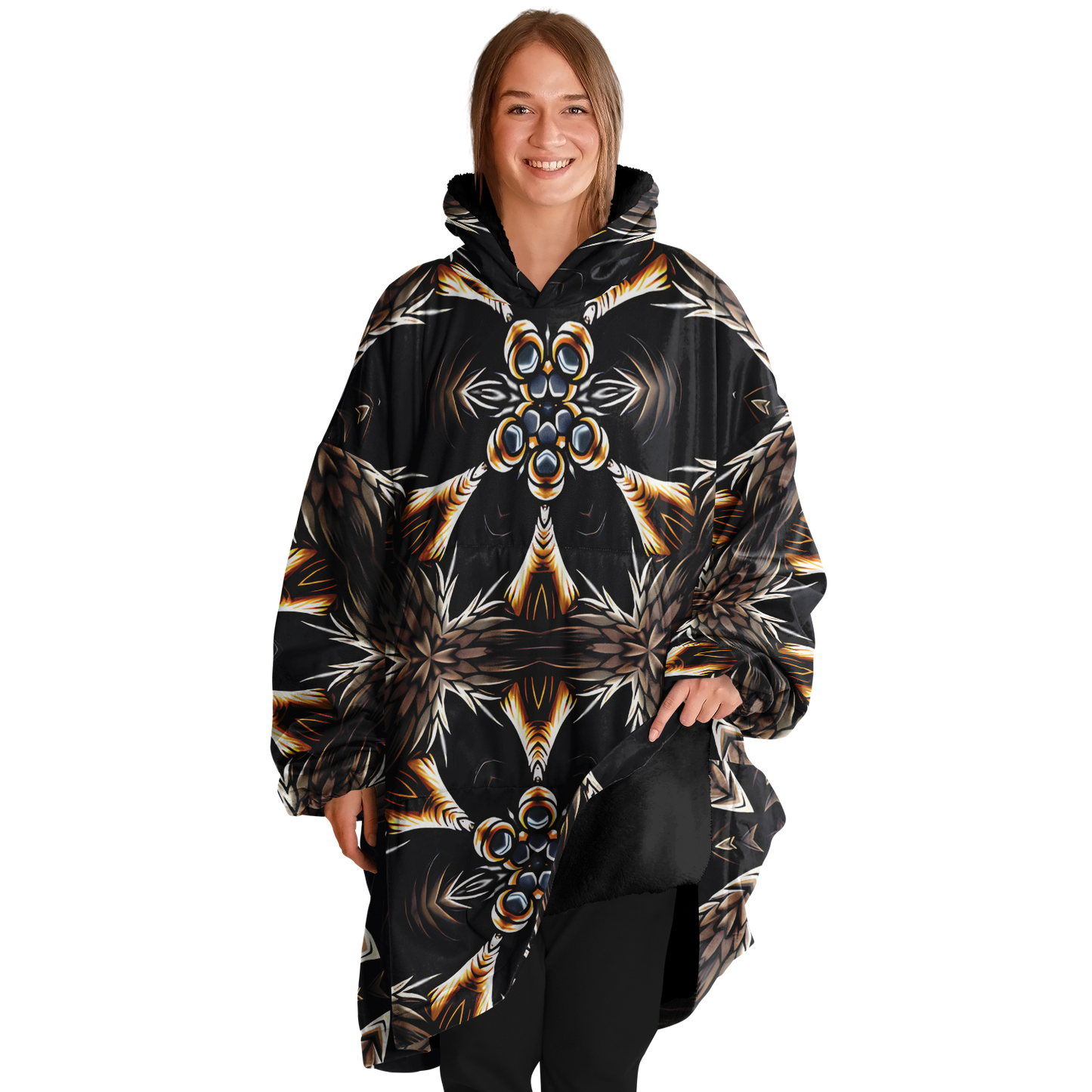 Women's Geometric Black & Gold Kaleidoscope Print Snug Hoodie